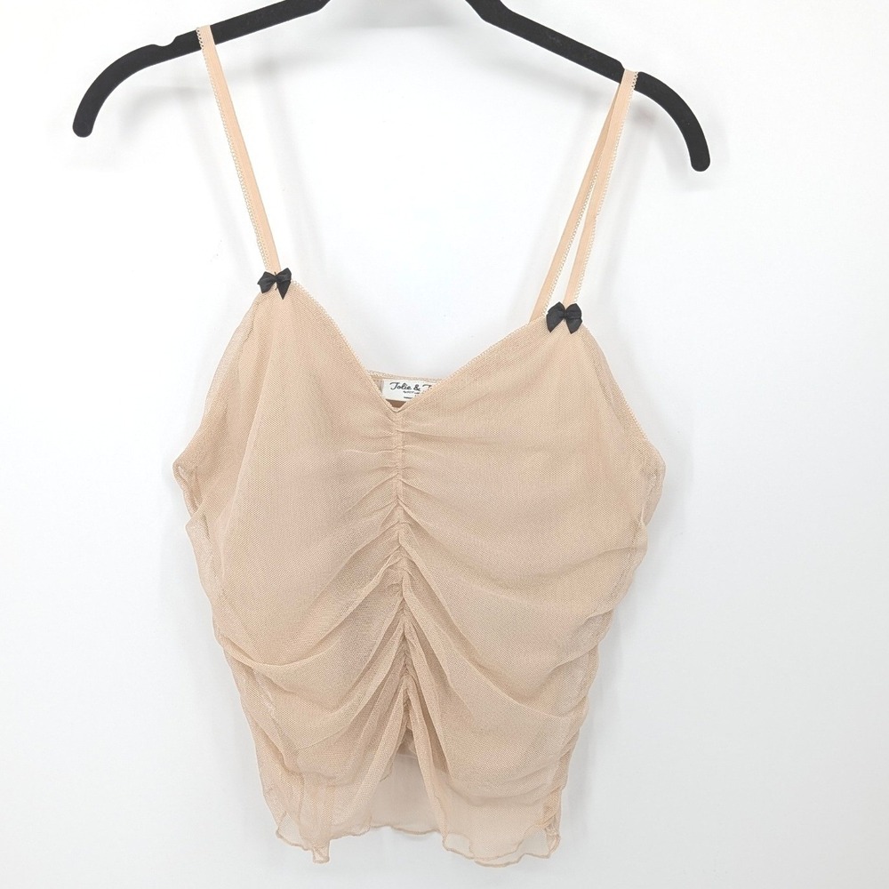 Coquette Mesh Cami Tank Top Women Large Tan Ruched Bow Balletcore Fairycore
